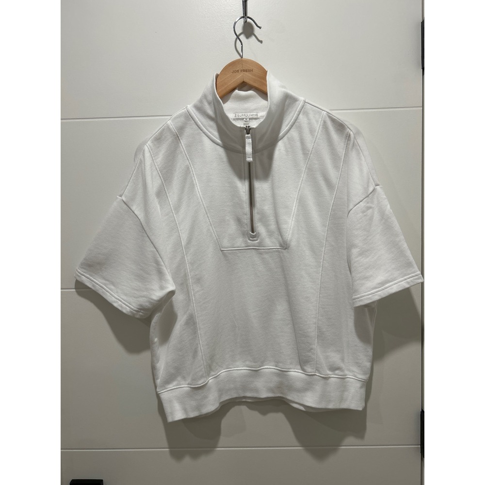Z Supply Active Womens White Quarter Zip Short Sleeve Sweatshirt Cotton M